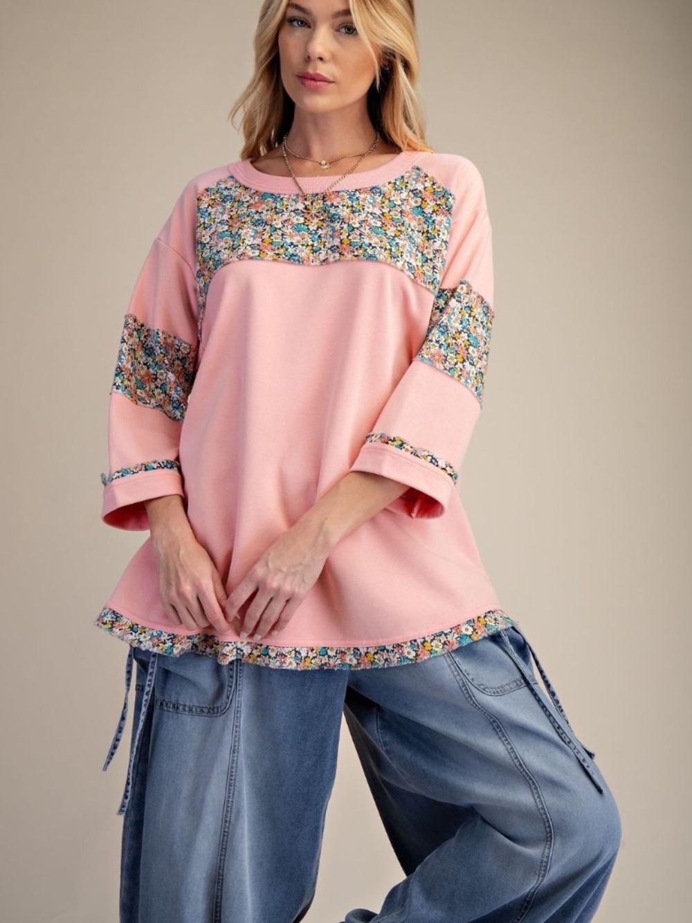 NEW EASEL Floral PATCH SOFT WASHED TERRY KNIT TOP BOXY PATCHWORK PINK RELAXED - Picture 3 of 4